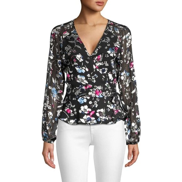 Parker Britta Long Sleeve Wrap Front Tie Blouse in Black Large New Womens Floral - Picture 16 of 16